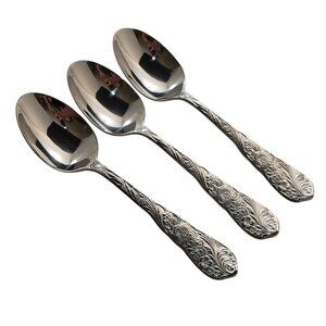 3 Reed Barton Flora Soup Spoon 7" oval stainless embossed flowers chintz raised